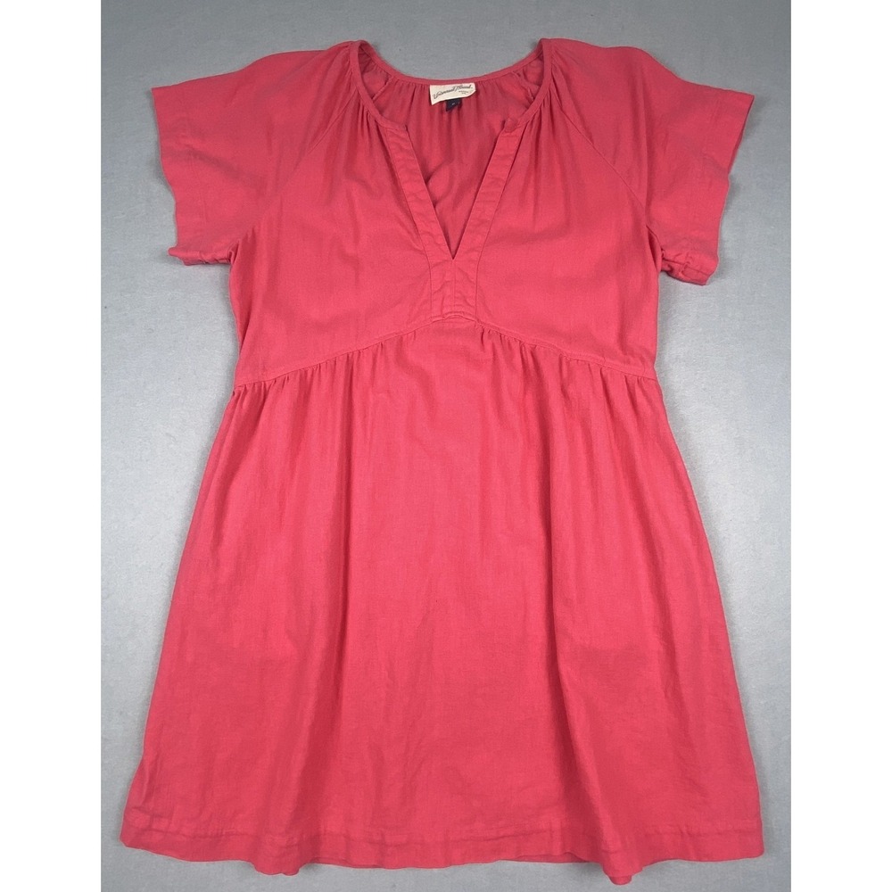 Pink Linen Blend V-Neck Babydoll Mini Dress with Pockets Universal Thread Size M